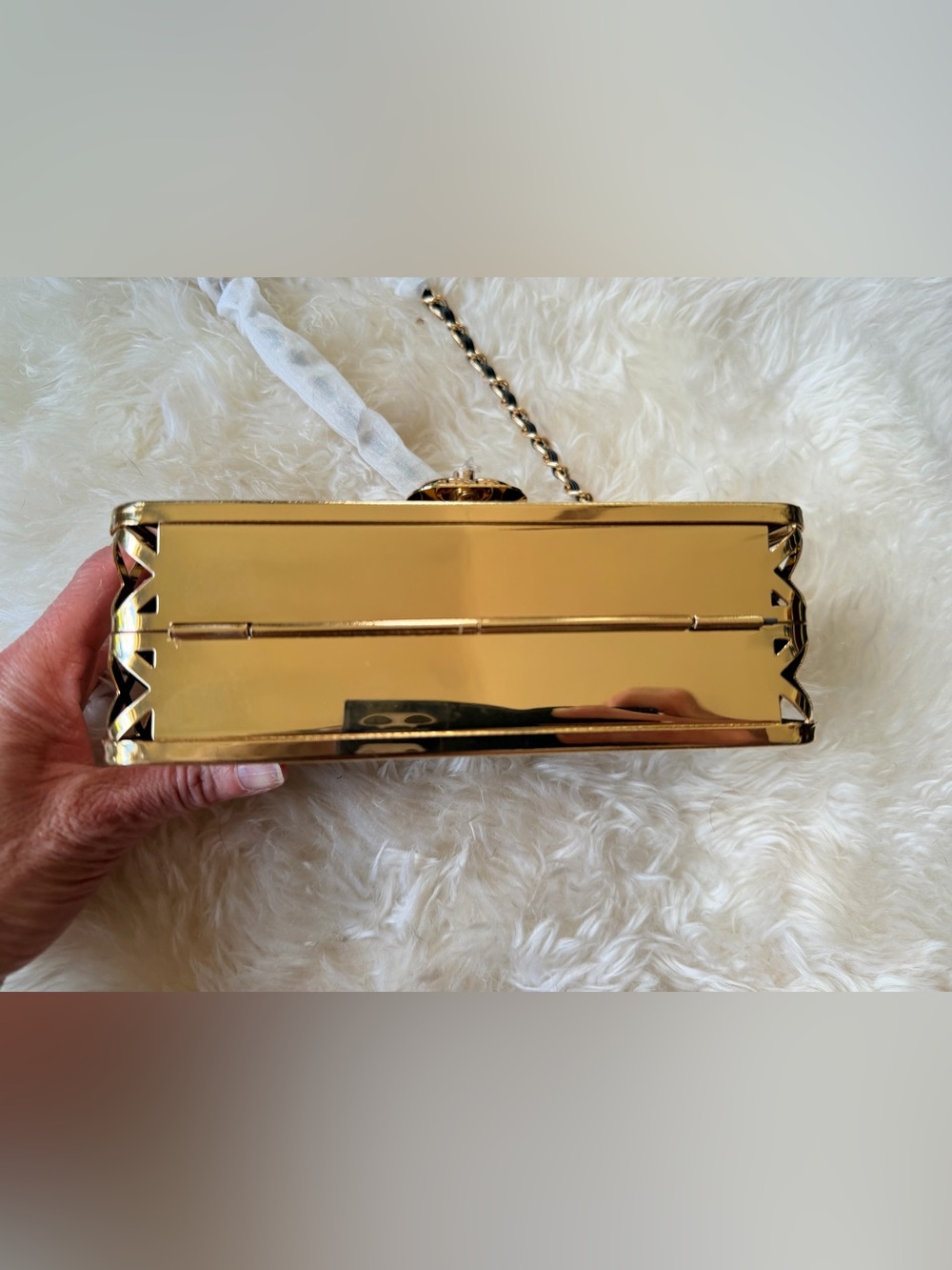 NEW Source Unknown Gold Cage Bag w Leather Branded Insert Box sealed w cellophan - Picture 6 of 16
